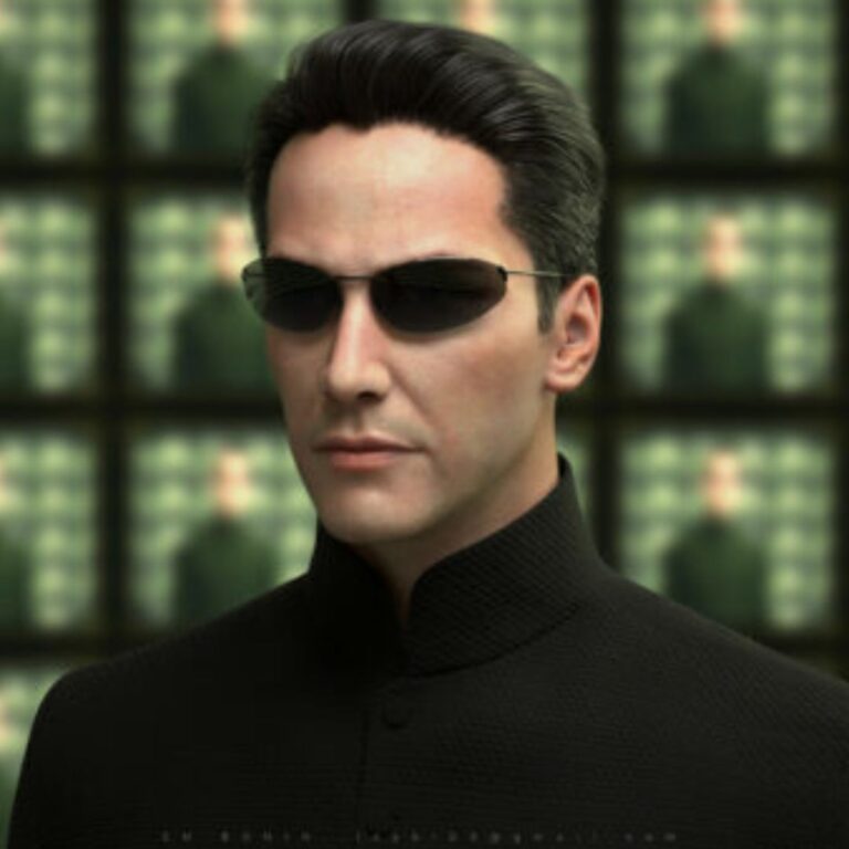 Keanu Reeves in the groundbreaking film "The Matrix," where he dons stylish sunglasses and rocks his iconic side-swept undercut.