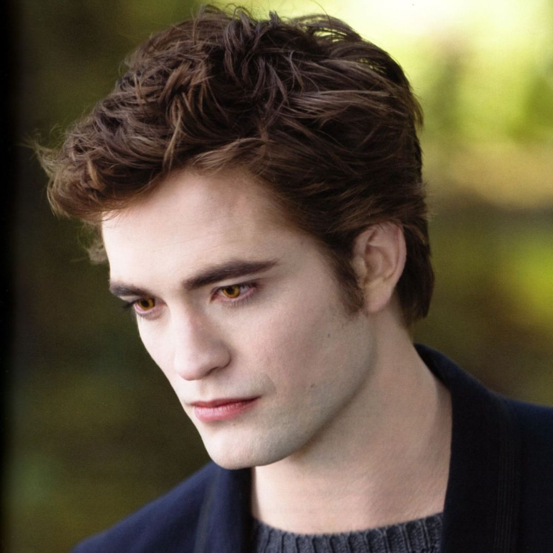 Robert Pattinson is seen here portraying the role of Edward Cullen in Twilight, sporting his iconic and well-known hairstyle.